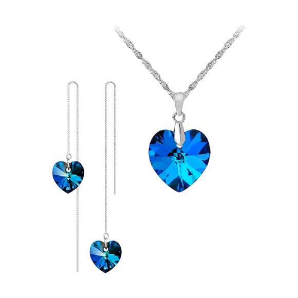 Unbranded Jewelry - 925 Sterling Silver Blue Crystal Heart Necklace & Earring Set Elegant Wedding